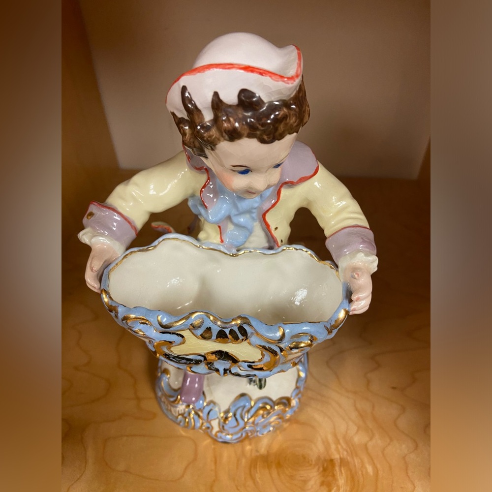 VINTAGE PORCELAIN FIGURINE BELIEVED TO BE MADE IN ENGLAND BOY WITH DOG 9.5” TALL
